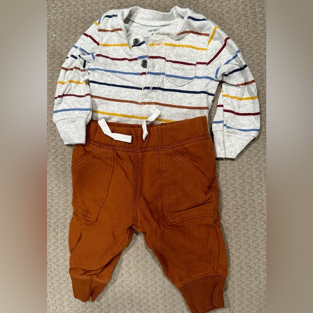 Carters Two piece long sleeve onesie pants stripes button up set baby 3M